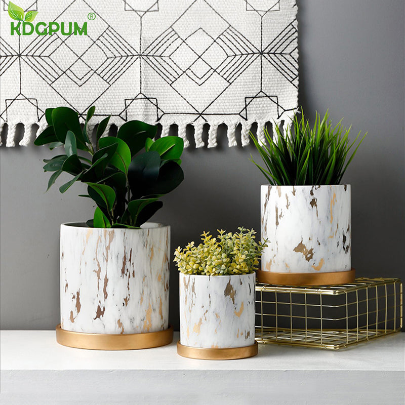 Golden Marble Pattern Succulents Pot Plant Pot With Tray Ceramic Cylindrical Shape Flower Pot Home Christmas New Year Decoration