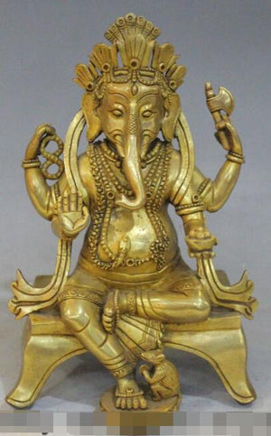 S5076 7"Tibet Buddhism Bronze 24K Gold Ganesh Lord Elephant God Ganesha Buddha Statue